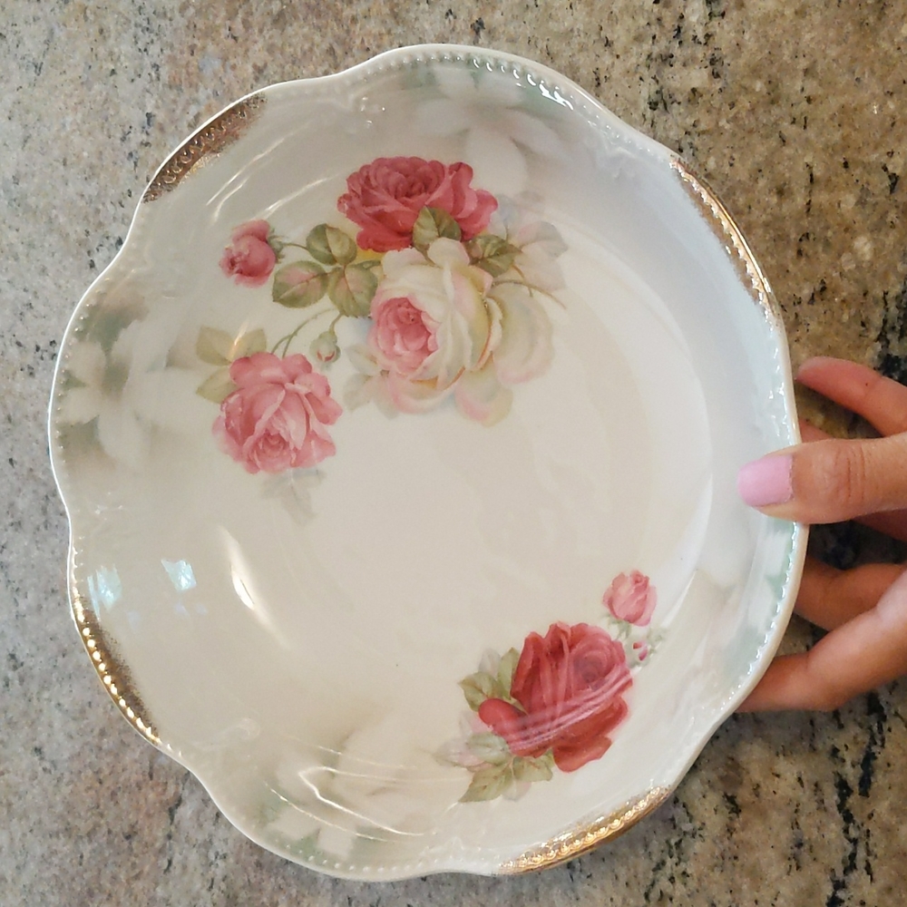 Antique Rose Porcelain Dish Gold Tipped